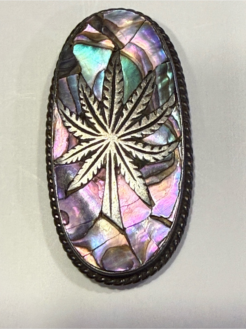 Vintage 1970s Mexican Sterling Abalone Mosaic Cannabis Leaf Panel As-Is 38mm